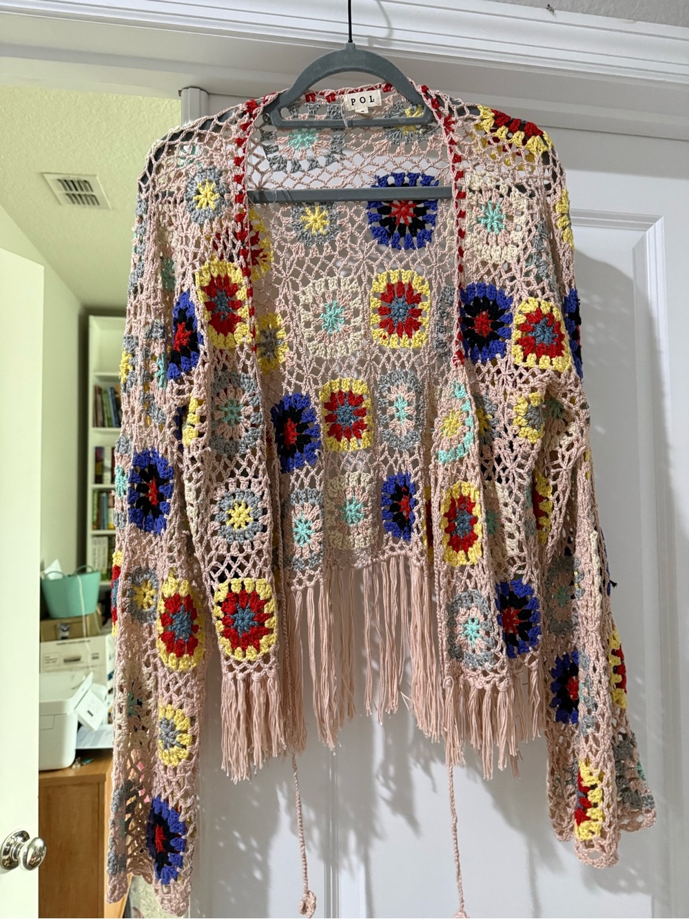 POL Multicolor Crochet Fringe Open Cardigan - Pink Base